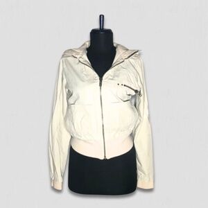 Rare Y2K Volcom Skater Cropped Bomber Jacket Hooded Full Zip Beige/Cream sz XS